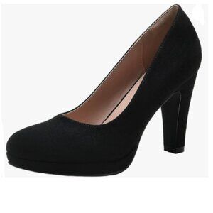 miss left Black Women's Low Platform Chunky High Heel Slip On Round Toe Pump